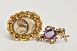 TWO EARLY 20TH CENTURY GOLD-PLATED BROOCHES, the first set with an oval cut purple stone assessed as