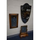 AN EARLY TO MID 20TH CENTURY OAK RECTANGULAR BEVELLED EDGE WALL MIRROR, 80cm x 46cm, along with a