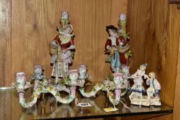 A PAIR OF LATE 19TH CENTURY PLAUE PORCELAIN CANDELABRA, in need of restoration, modelled as three