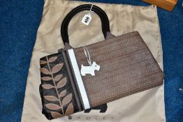 A RADLEY HANDBAG, with dust cover, black with brown/pale blue leaf and stripe design, pale blue