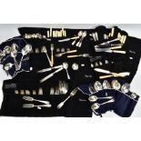 EIGHT SLEEVES OF CUTLERY, black and blue cutlery sleeves with white metal cutlery to include, fish