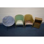 TWO LLOYD LOOM STYLE BEDROOM CHAIRS together with a similar bedside cabinet and a white and blue