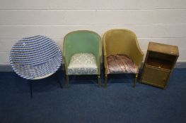 TWO LLOYD LOOM STYLE BEDROOM CHAIRS together with a similar bedside cabinet and a white and blue