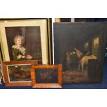 PAINTINGS AND PRINTS, to include a late 19th Century oil of a figure in a stable with a white