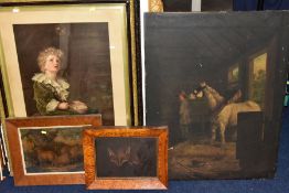 PAINTINGS AND PRINTS, to include a late 19th Century oil of a figure in a stable with a white