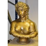 A VICTORIAN GILT PLASTER BUST OF A LADY, appears to have had alterations/repairs to forehead and