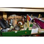 THREE BOXES, A SUITCASE AND LOOSE METALWARES, CUTLERY, LADIES SHOES, TEXTILES, CD'S ETC, including