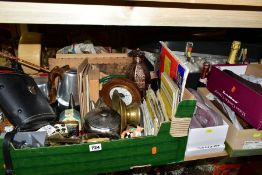 THREE BOXES, A SUITCASE AND LOOSE METALWARES, CUTLERY, LADIES SHOES, TEXTILES, CD'S ETC, including