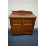 AN EDWARDIAN MAHOGANY AND BOX STRUNG INLAID TWO DOOR CABINET, with three drawers, width 100cm x