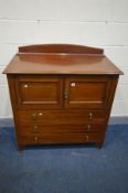 AN EDWARDIAN MAHOGANY AND BOX STRUNG INLAID TWO DOOR CABINET, with three drawers, width 100cm x