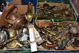 THREE BOXES OF METALWARES to include vintage and modern items, copper and brass kettles, a set of