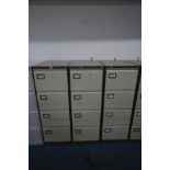 THREE TRIUMPH METAL FOUR DRAWER FILING CABINETS, width 47cm x depth 62cm x height 132cm (each with