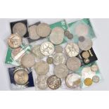 A BOX CONTAINING MOSTLY COMMEMORATIVE COINS, to include an 1892 Victoria Crown coin, etc