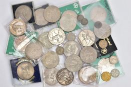 A BOX CONTAINING MOSTLY COMMEMORATIVE COINS, to include an 1892 Victoria Crown coin, etc