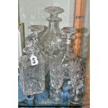 A LARGE STUART CRYSTAL DECANTER WITH MUSHROOM STOPPER, HEIGHT 30CM, TOGETHER WITH OTHER STUART