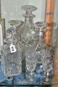 A LARGE STUART CRYSTAL DECANTER WITH MUSHROOM STOPPER, HEIGHT 30CM, TOGETHER WITH OTHER STUART