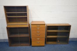 A TALL TEAK FINISH CHEST OF SIX DRAWERS, width 50cm x depth 43cm x height 94cm, along with three