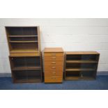 A TALL TEAK FINISH CHEST OF SIX DRAWERS, width 50cm x depth 43cm x height 94cm, along with three