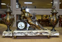A LATE 19TH CENTURY FRENCH BRONZED SPELTER AND MARBLE FIGURAL CLOCK GARNITURE, the clock with