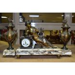 A LATE 19TH CENTURY FRENCH BRONZED SPELTER AND MARBLE FIGURAL CLOCK GARNITURE, the clock with