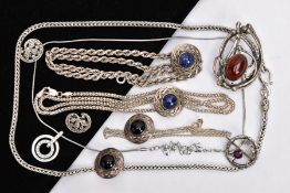 A SELECTION OF WHITE METAL JEWELLERY, to include four white metal chains, some with marks to