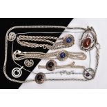 A SELECTION OF WHITE METAL JEWELLERY, to include four white metal chains, some with marks to