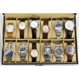 A WATCH DISPLAY CASE AND TWELVE GENTS WRISTWATCHES, black faux leather case, Perspex lid, together