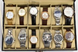 A WATCH DISPLAY CASE AND TWELVE GENTS WRISTWATCHES, black faux leather case, Perspex lid, together