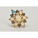 A 9CT GOLD OPAL AND SAPPHIRE BROOCH/PENDANT, designed as a central oval opal cabochon, surrounded by