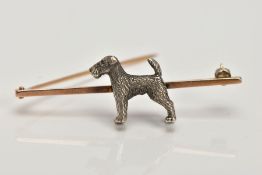 AN EARLY 20TH CENTURY 9CT GOLD DOG BAR BROOCH, depicting a Welsh terrier to the centre of the bar
