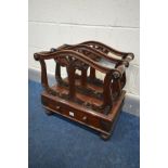 A REPRODUCTION VICTORIAN STYLE MAHOGANY CANTERBURY, with foliate scrolls, two divisions and a single