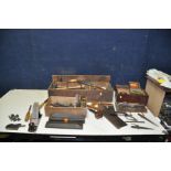 THREE VINTAGE WOODEN BOXES CONTAINING TOOLS including a Stanley Bailey No4 plane, a Marples Bull