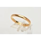 A 22CT GOLD BAND RING, 22ct hallmark for Birmingham 1955, ring size S 1/2, width 3mm, approximate