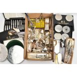 A BOX OF ASSORTED FLATWARE, to include a cased set of twelve starter knives and forks, each fitted