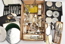 A BOX OF ASSORTED FLATWARE, to include a cased set of twelve starter knives and forks, each fitted