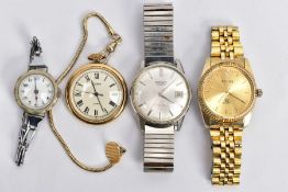 THREE WRISTWATCHES AND A WATCH FOB, to include a gents 'Seiko' automatic, round silver dial, baton