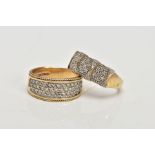 TWO 9CT GOLD RINGS, the first pave set with single cut diamonds to the front half of the ring,