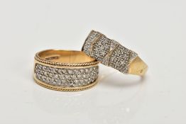 TWO 9CT GOLD RINGS, the first pave set with single cut diamonds to the front half of the ring,