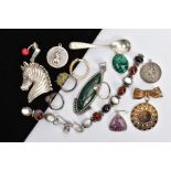 A BAG OF ASSORTED ITEMS, to include an AF mother of pearl, carnelian and onyx set line bracelet, a