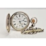 A FULL HUNTER POCKET WATCH WITH ALBERT CHAIN, round white dial signed 'Moeris', Roman numerals,