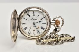 A FULL HUNTER POCKET WATCH WITH ALBERT CHAIN, round white dial signed 'Moeris', Roman numerals,