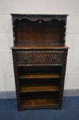 A REPRODUCTION GEORGIAN STYLE CARVED OAK OPEN BOOKCASE, with a single drawer, width 69cm x depth