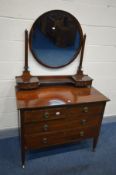 A GEORGIAN STYLE MAHOGANY AND CROSSBANDED DRESSING TABLE, with a circular bevelled edge mirror,