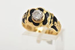 AN EARLY VICTORIAN 18CT GOLD ENAMEL MEMORIAL RING, set to the centre with a later added circular