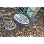 A CAST ALUMINIUM GARDEN TABLE with 58cm pierced top and a pair of matching chairs (3)