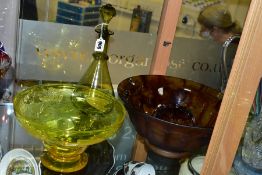 THREE PIECES OF 20TH CENTURY COLOURED GLASSWARE, comprising a Webb amber glass pedestal bowl