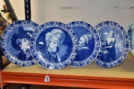 A SET OF FOUR BLAUW DELFT BLUE AND WHITE TRANSFER PRINTED PLATES, each with a Dutch Old Master