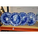 A SET OF FOUR BLAUW DELFT BLUE AND WHITE TRANSFER PRINTED PLATES, each with a Dutch Old Master