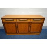 A G PLAN FRESCO TEAK SIDEBOARD, with three drawers above triple cupboard doors, width 143cm x