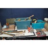 A QUANTITY OF VINTAGE HANDTOOLS including grease guns, saws, automotive tools, mallets, hammers,
